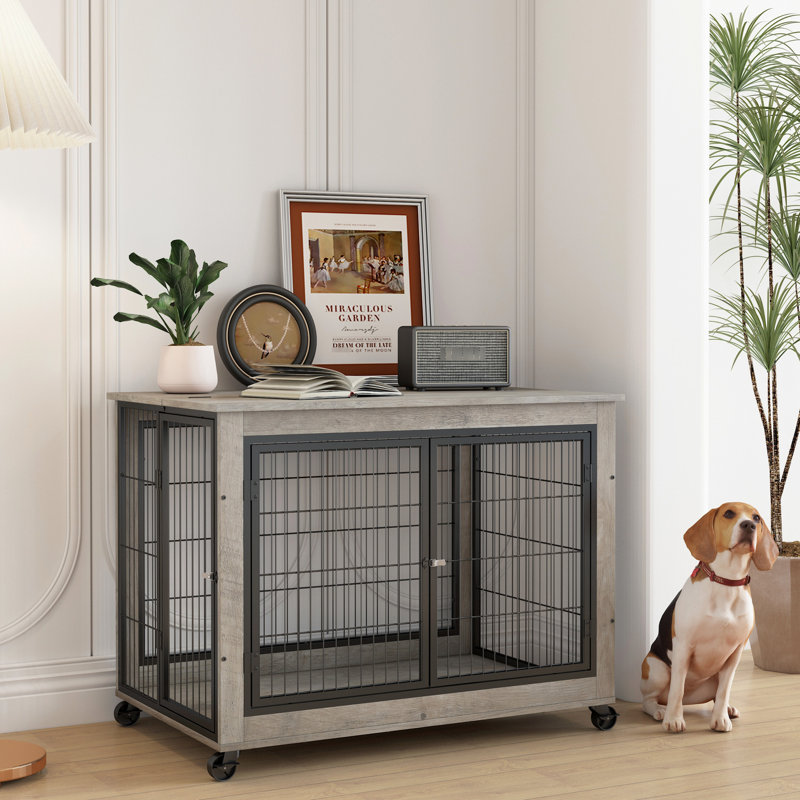 Table d'appoint pour chien avec roulettes, gris, l 39,14 po x P 25,5 po H 27,36 po, portes doubles et plateau relevable pour la sécurité des animaux de compagnie transportable gris