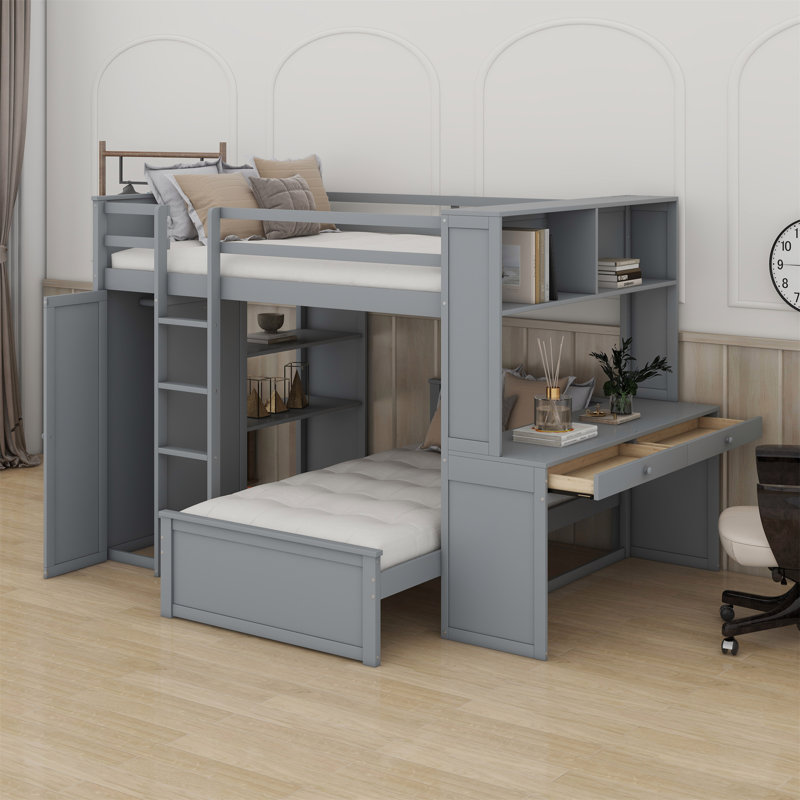Lit mezzanine avec lit autonome, tablettes, bureau et garde-robe, Gris