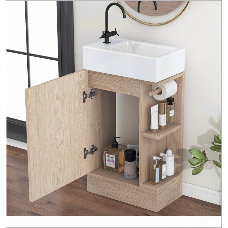Meuble-lavabo de salle de bain avec lavabo, meuble-lavabo avec tablette, orientation gauche ou droite, naturel, Naturel