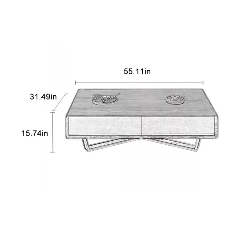 Une table basse d'angle à quatre tiroirs minimaliste, H 15,74 po x L 55,11 po x l 31,49 po, Noyer foncé / blanc