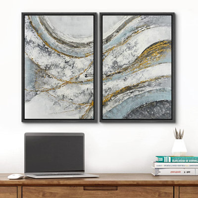 «Grunge Abstract Paint Stroke Effect Vibrant Pastel Blue Watercolor Wave Landscape», reproduction d'art sur toile 2 pièces