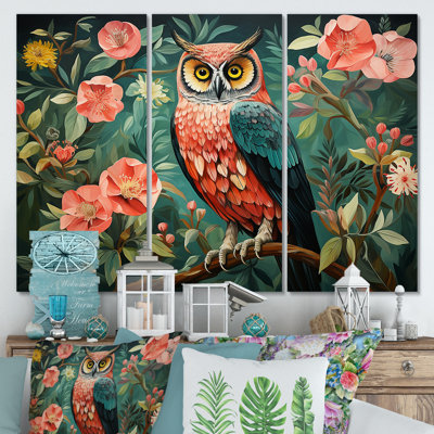 Hibou rose et vert dans le style Matisse V - Art mural animal hibou