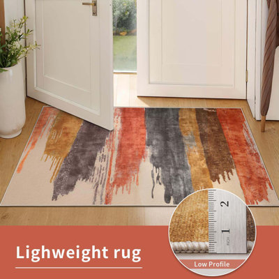 Abstract Area Rug 2x3 Ft  Washable Small Entryway Rug, Non-Slip Low Pile Throw Rugs, Foldable Kitchen Bathroom Rugs, Red Yellow Grey Floor Carpet