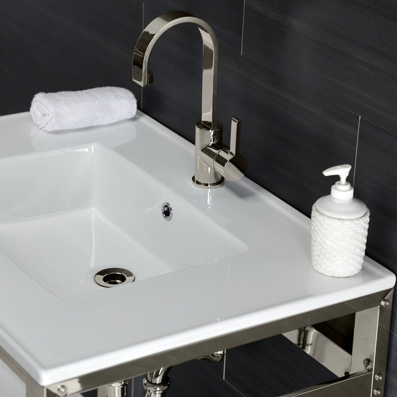 Kingston Brass Quadras 31-Inch Ceramic Console Sink with Steel Base and Shelf, White/Polished Nickel, Single