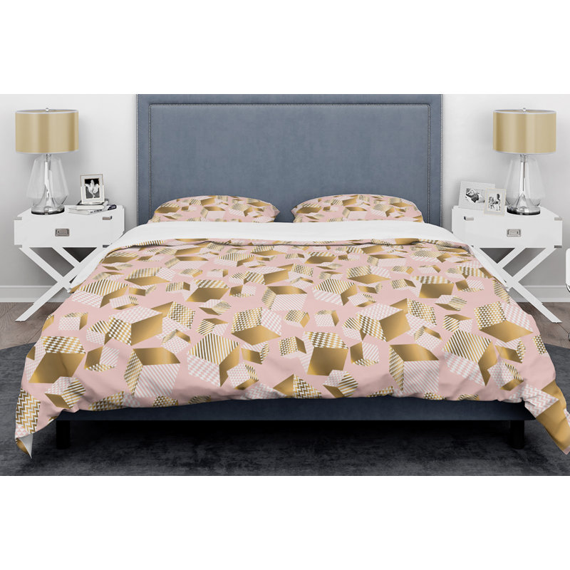 Ensemble de housse couette mid-century rose cubes ii, Housse de couette très grand + 2 taies décoratives