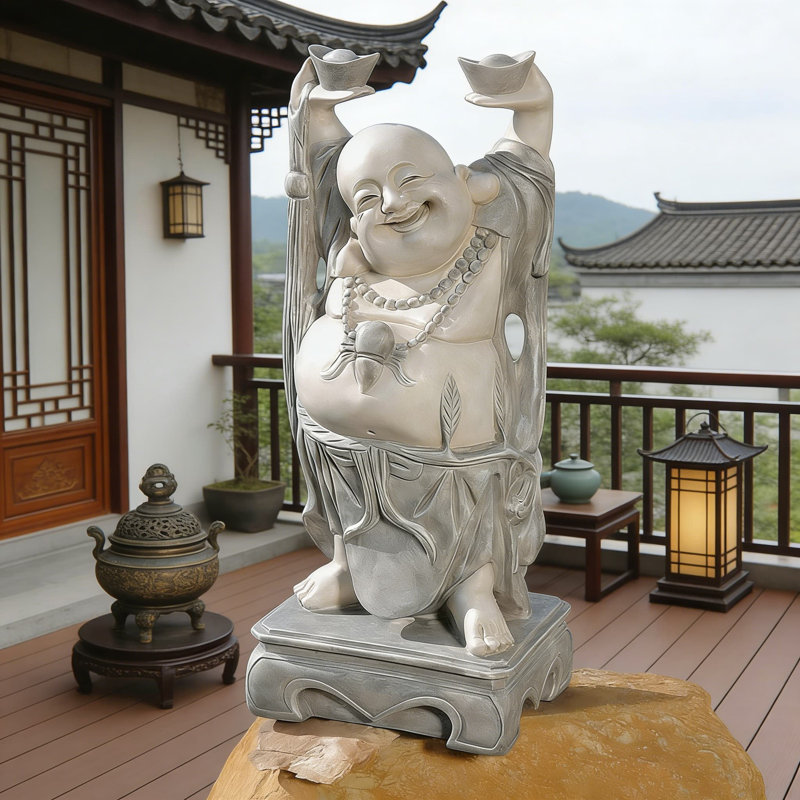 Statue de Bouddha riant Jolly Hotei - sculpture de jardin en résine coulée en pierre de 26 pouces pour un décor zen intérieur et extérieur