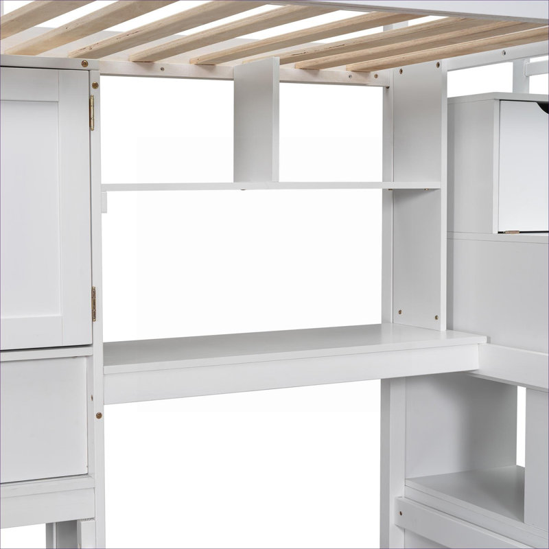 Small Space Youth Bedroom Solid Pine Twin Over Twin Loft Bed With Built-In Desk And Storage, Crisp White