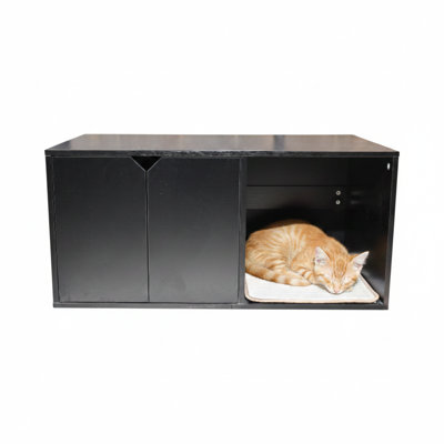 Modern black cat house measuring 35.83 inches that functions as hidden furniture for a litter box. Includes a corrugated cardboard scratching pad. Total weight is 52 lbs.