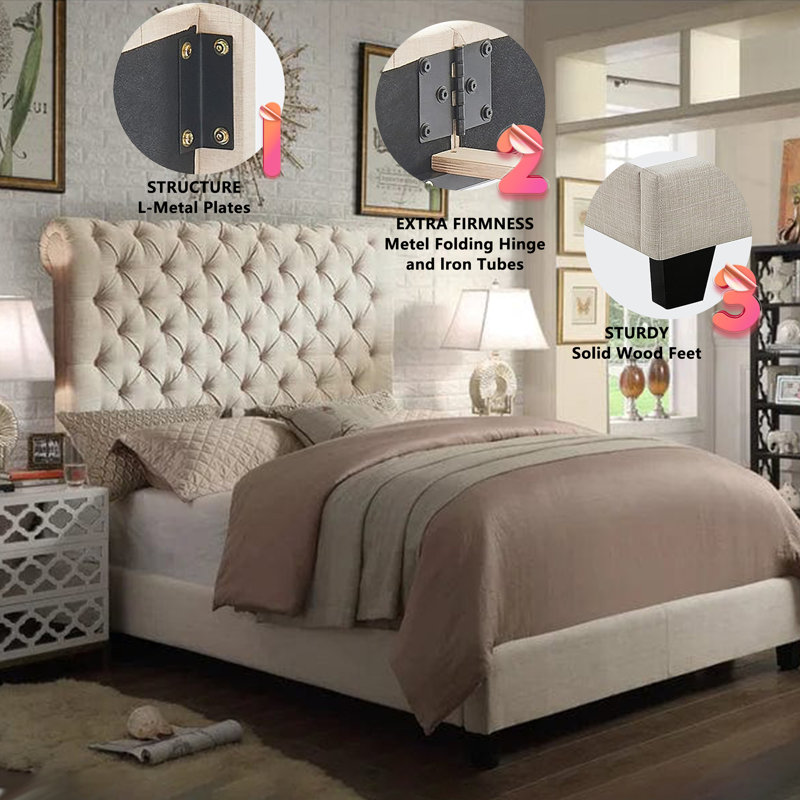 Winston Porter Fabric Upholstered Bed Frame with Adjustable Headboard, King, Black