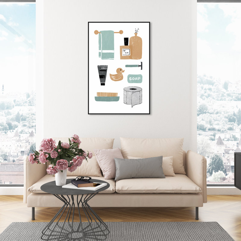 Bathtime Essentials - Print on Canvas, 45" H x 30" W, Black Framed Canvas