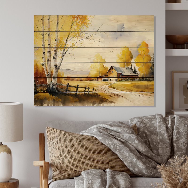 Madelynn Yellow Barn In Spring I - impression sans cadre sur bois, H 12 po x l 20 po x P 1 po
