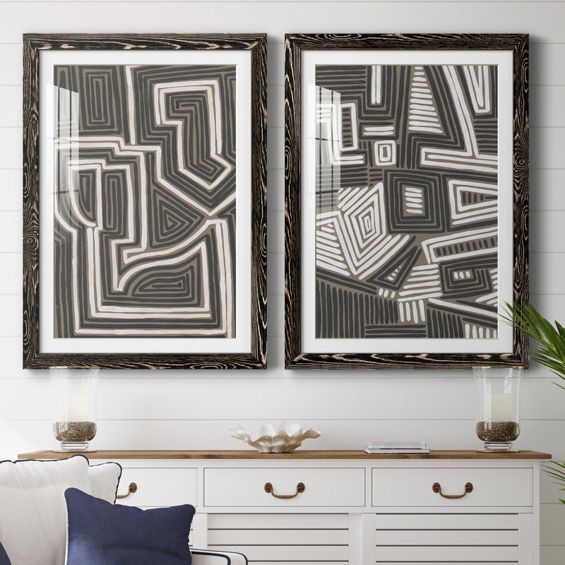 Abstrait labyrinthe I encadré mat - prêt à accrocher, H 20 po x l 17 po x P 1 po, Cadre noir