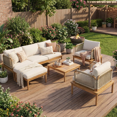 5 Pieces Acacia Wood Furniture Set, Patio Conversation Sofa Chat Set with Coffee Table and Ottoman, Outdoor Sectional Sofa Set for Backyard Balcony