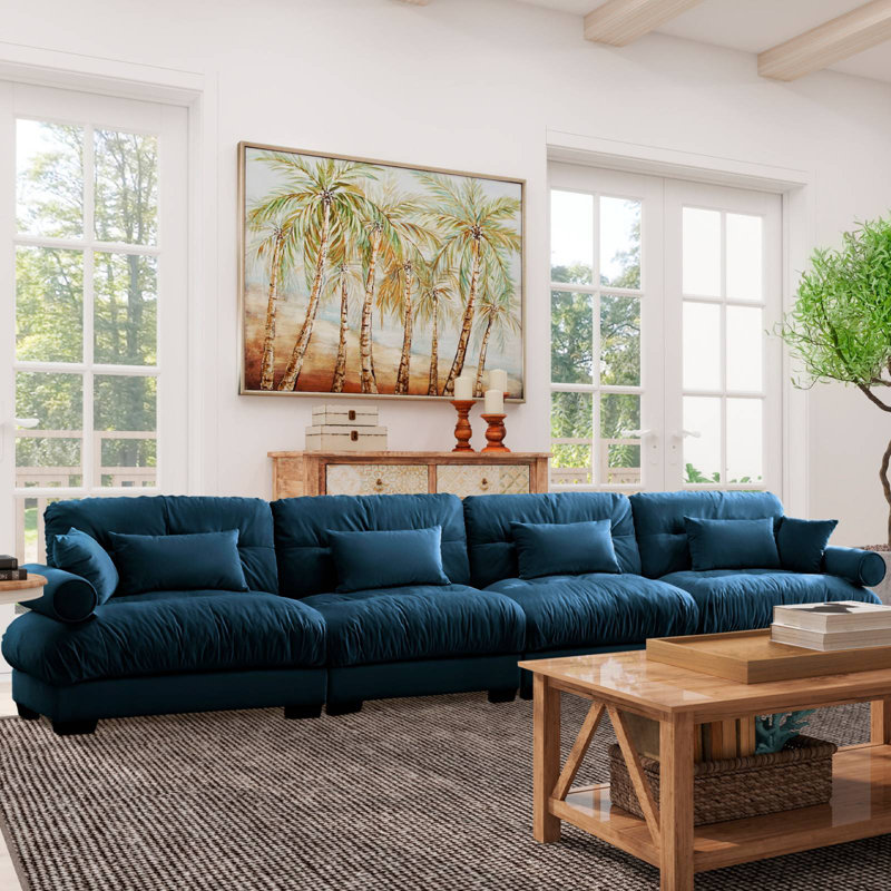 Canapé modulaire surdimensionné en velours, 4, H 33,4 po x l 166 po x P 37 po, Bleu