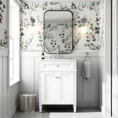 Meuble-lavabo 24 po, couleur principale blanche, rangement à deux portes, tiroir et rangement pratique pour meuble-lavabo de 24 po avec lavabo, tablette réglable, salle de bain intemporelle