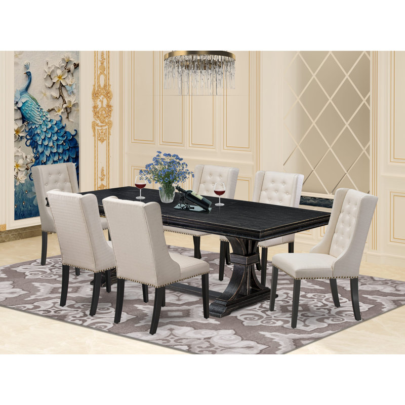 L'ensemble de table à manger 7 pièces se compose d'une table en bois et de 6 chaises de salle à manger en tissu de lin crème avec dossier capitonné - noir sablé.