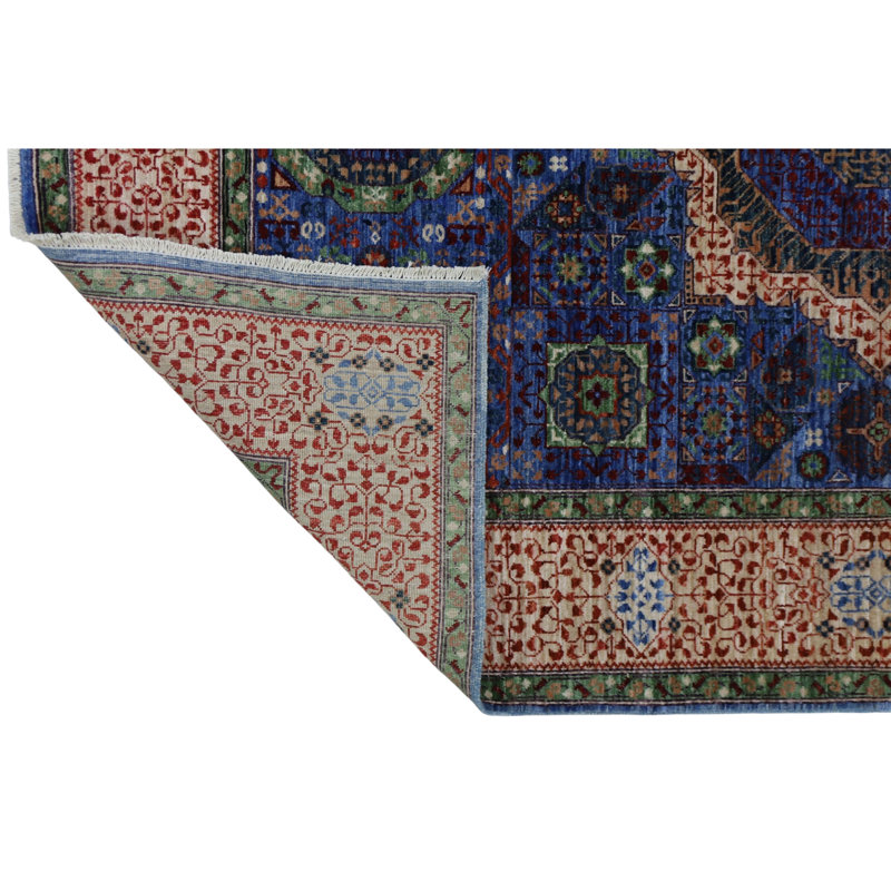 Hand Knotted Wool Area Rug in Blue And Beige