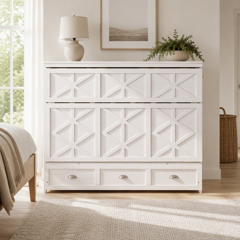Lit escamotable double avec grands tiroirs, Blanc