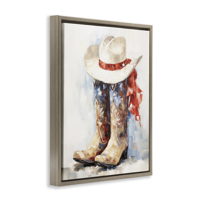 «Patriotic Cowboy bottes», art par Arlington Prints, H 21 po x l 17 po, Cadre flottant orme Montalcino