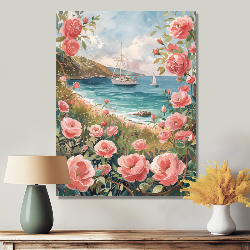  «Pink Rose Garden Coastal Beach - Art mural côtier, Toile tendue, 20" H x 12" W