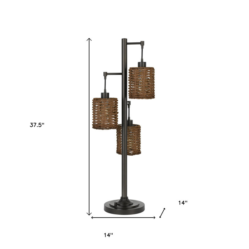 Lampe de table Connell en métal de 95 cm de haut avec abat-jour en rotin artisanal, 3 lumières, finition bronze foncé, interrupteur rotatif à 3 positions, culot E26, 3 ampoules de 40 W