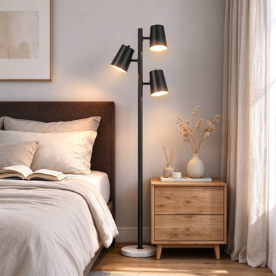 Lampe sur pied à branches 3 lumières 62 po 62 po, lampe sur pied industrielle noire avec 3 têtes rotatives et base en marbre blanc, lampe de lecture pour le salon, la chambre à coucher (ampoules non incluses)