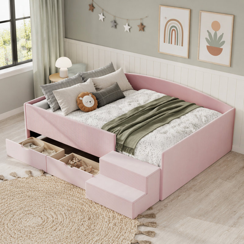 Structure de lit double rembourrée pleine grandeur avec 2 tiroirs de rangement, mélange de velours rose et velours côtelé pour chambre d'enfant