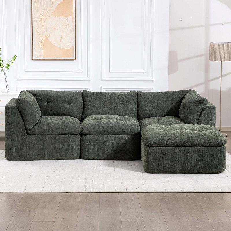 Canapé-lit modulaire en forme de L à 4 places avec repose-pieds, tissu surdimensionné en chenille compressée, modulaire modulaire pour le salon