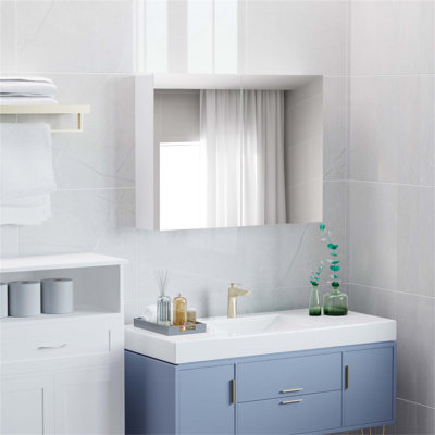 Miroir de salle de bain mural à double porte, armoire à pharmacie 31,5 po x 23,5 po avec design moderne, grand rangement et charnières silencieuses