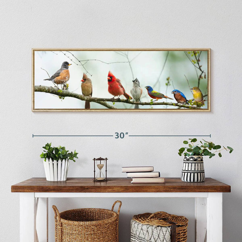 Rassemblement d'oiseaux, 31 po x 11 po, Cadre flottant en bois naturel