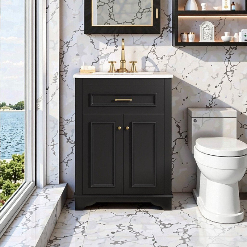 Meuble-lavabo de 24 po avec lavabo en céramique intégré, Noir