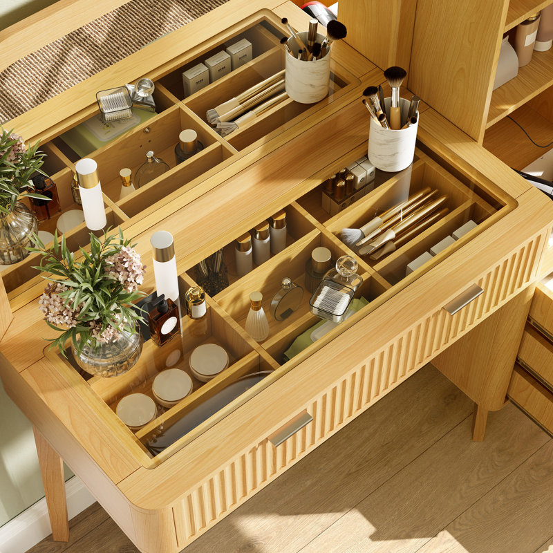Meuble-lavabo cannelé avec miroir, grande coiffeuse moderne avec plateau en verre avec 4 tiroirs et armoire de rangement