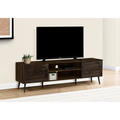 Console de télévision 72 pouces avec portes, stratifié brun, pieds noirs pour l'intimité et le centre multimédia de rangement, support en stratifié