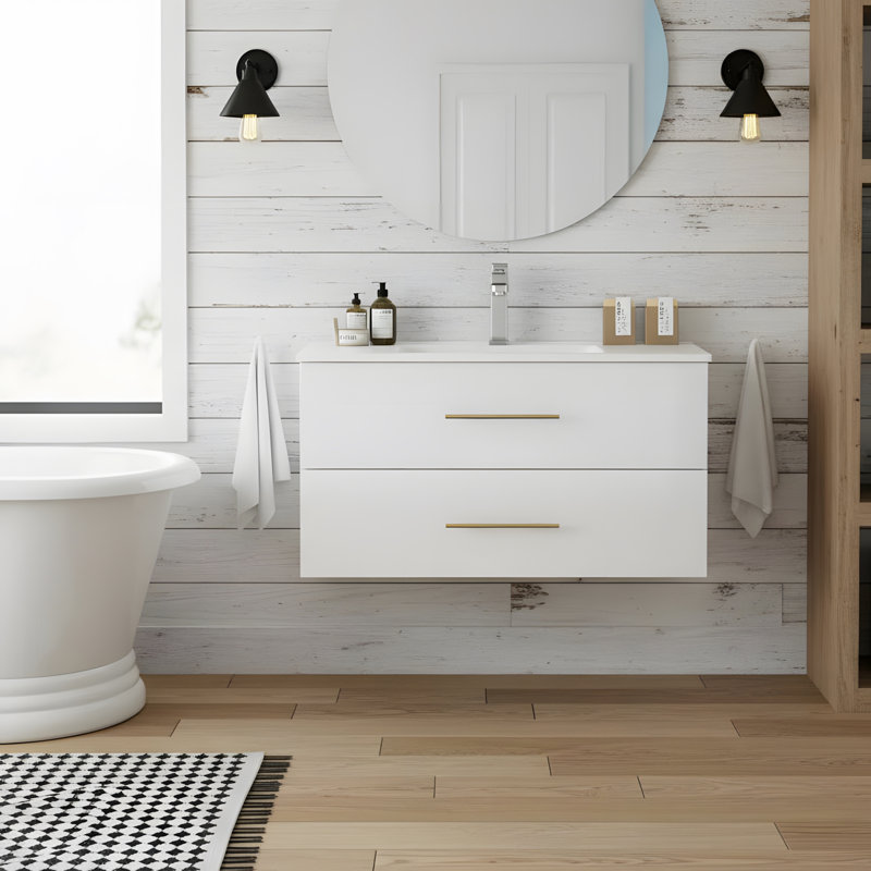 Meuble-lavabo mural 36 po avec tiroirs doubles et poignées en métal 36 po, Blanc lustré