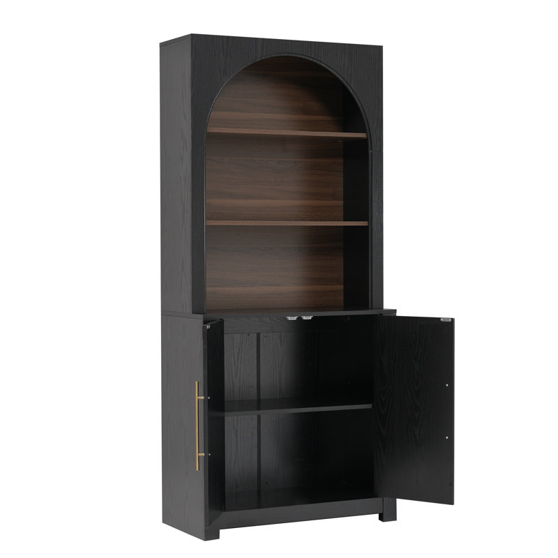 Bibliothèque noire de 180 cm avec armoire, étagère moderne en panneaux de particules dotée d'étagères ouvertes et de portes cintrées, idéale pour le salon ou le bureau.