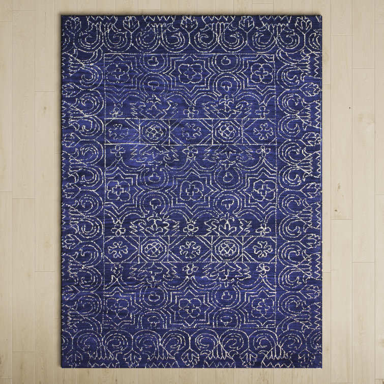 Evers Geometric Handmade Tufted Wool Navy/Ivory Area Rug
