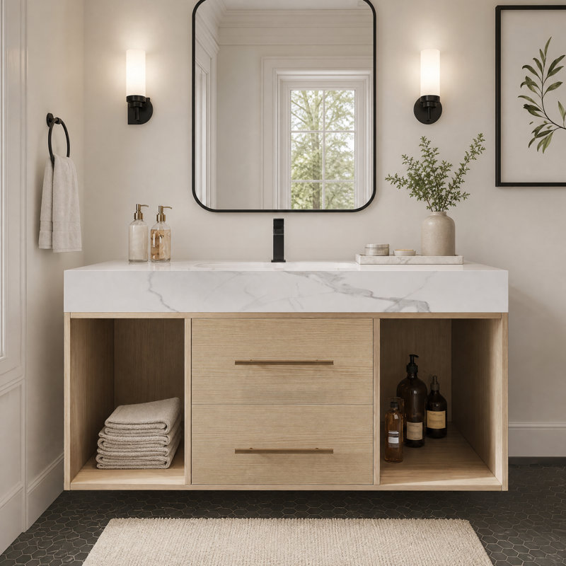 Ensemble de meuble-lavabo mural simple flottant 39,4 "avec plateau en pierre frittée et 2 tiroirs, Bois