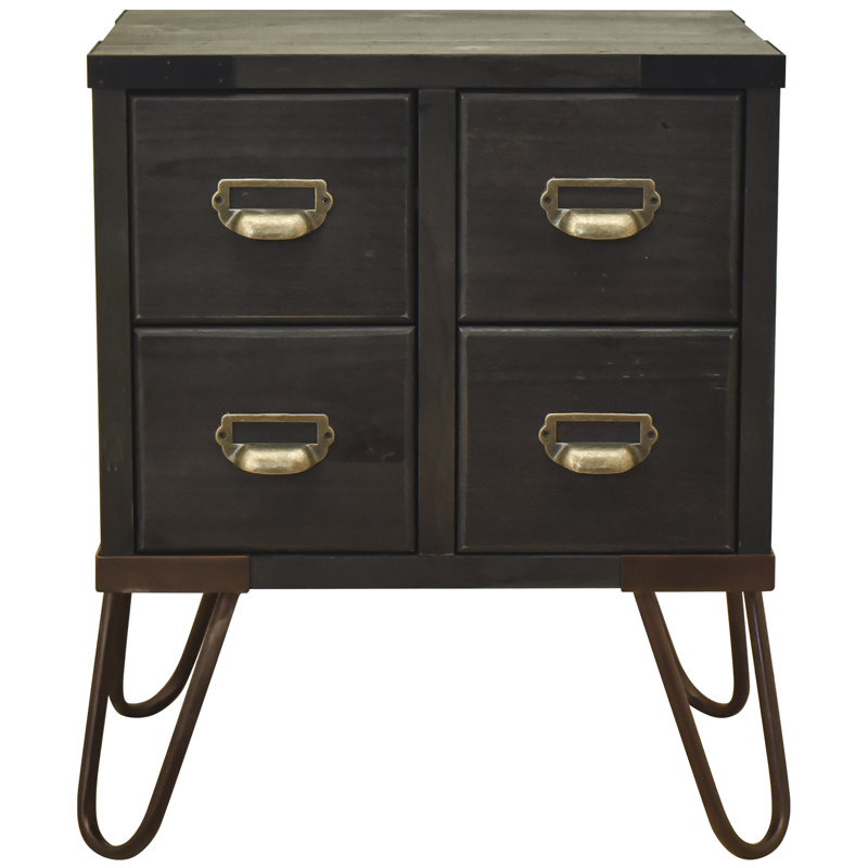 22.5" Tall Antique Style Storage End Table Side Table with 4 Drawers and Metal Hairpin Legs, Antique Black, Antique Black