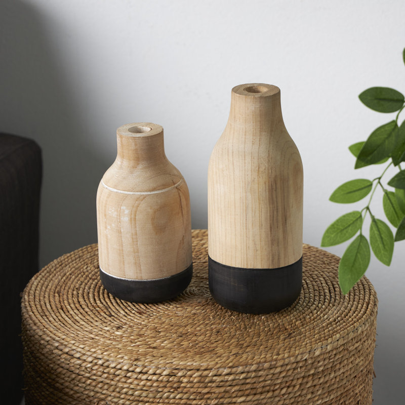 Elwee Wood Color block Decorative Light Brown Vase with Black Bases Set