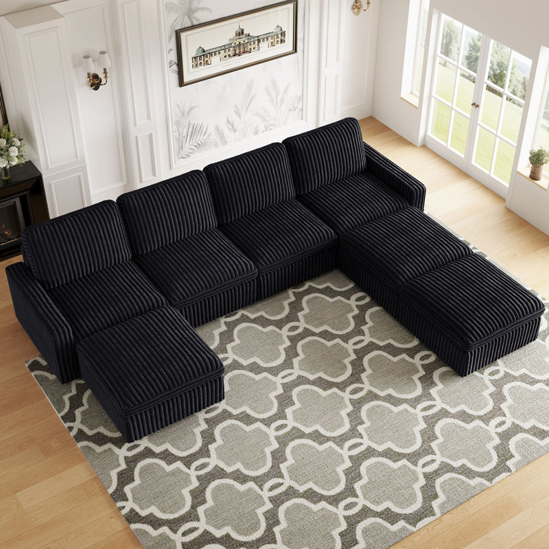 Wide U Shaped Sofa Storage Couch With Ottoman Chaise, Sectional Modular Sofa Livingroom Apartment Couch, Black Corduroy