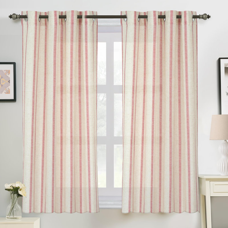 Jeanenia  Farmhouse Vertical Striped Linen Blend Textured Light Filtering Semi Sheer Curtains for Living Room Bedroom, Red