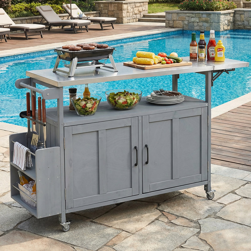 Îlot de cuisine pliable pour l'extérieur avec roulettes verrouillables, rangement et porte-serviettes pour la cuisson sur le patio, gris