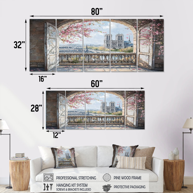 Élégance parisienne rose, cathédrale Notre-Dame II - ensemble d'art mural de la ville de Paris, H 32 po x l 80 po