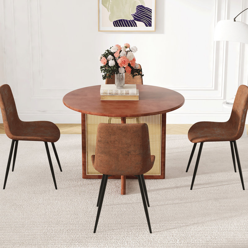 42 po de diamètre, couleur noyer, bois d'hévéa, table de salle à manger ronde, 4 chaises en tissu, assise confortable, table en bois facile à installer avec chaises en brun, pieds, conception intégrée