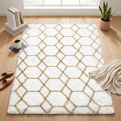 Tapis à poils longs 5 x 8 pi à motif géométrique doux et moelleux pour le salon, blanc