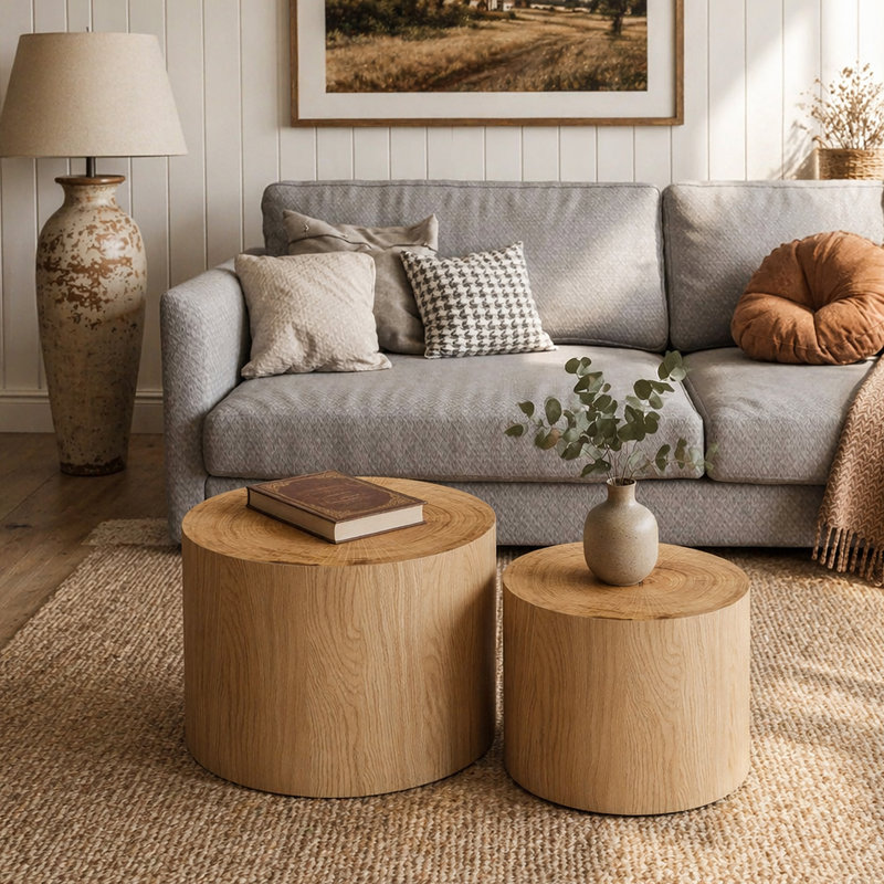 Ensemble de 2 tables basses gigognes, tables basses rondes modernes, tables d'appoint circulaires en bois pour petits espaces, salon, balcon, table d'appoint, tambour, bois naturel et véritable arbre