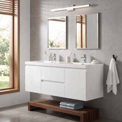 Meuble-lavabo suspendu de 59 po en bois mélaminé blanc avec 2 lavabos intégrés en résine blanche brillante et carbonate de calcium, 2 tiroirs et 2 portes