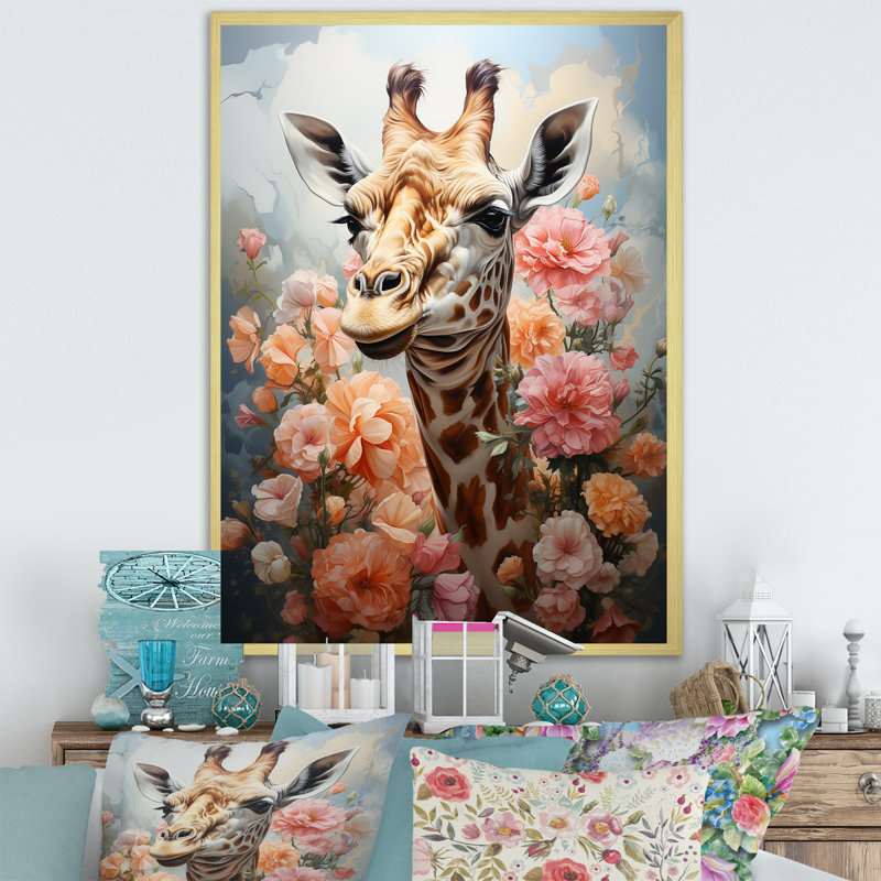 Joli portrait de girafe rose sur toile, Cadre doré simple, H 32 po x l 24 po x P 1 po