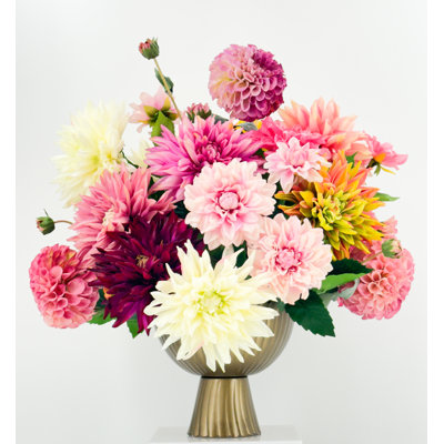 Vibrant Real-touch Dahlias Arrangement In Brass Vase
