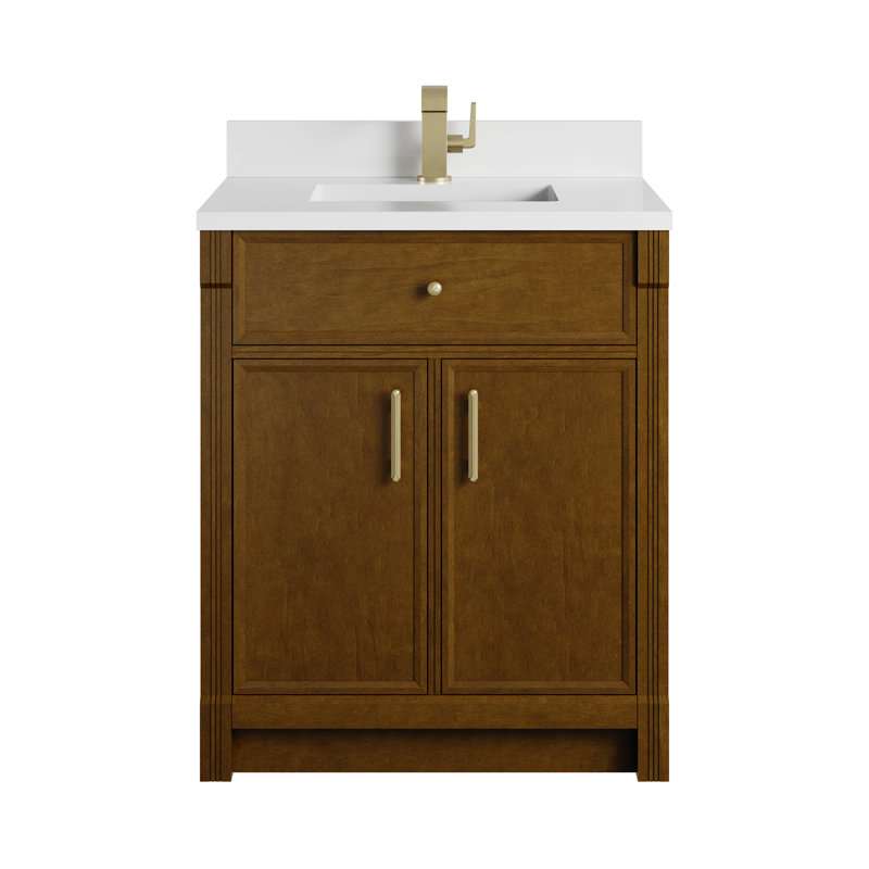 Bellshire Single Vanity w/ White Zeus Silestone Top and Matching Backsplash, 30", Honey Oak